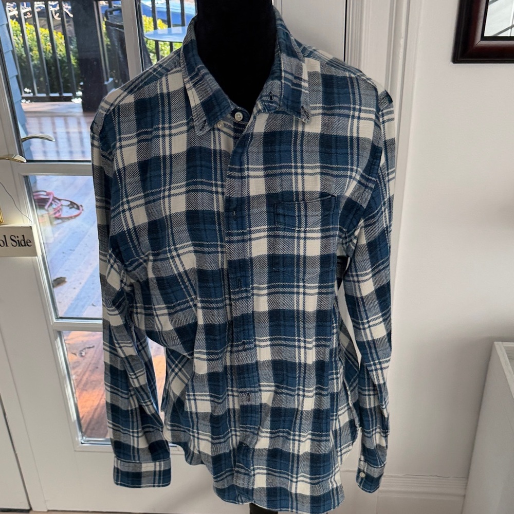 Officine Generale Navy and White Checkered Shirt XL
